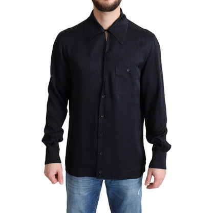Dolce & Gabbana Black Jacquard Silk Casual Button Down Shirt Dolce & Gabbana