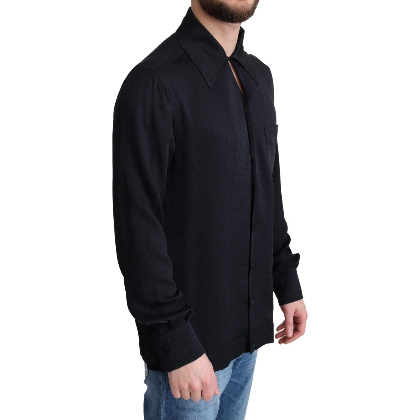 Dolce & Gabbana Black Jacquard Silk Casual Button Down Shirt Dolce & Gabbana