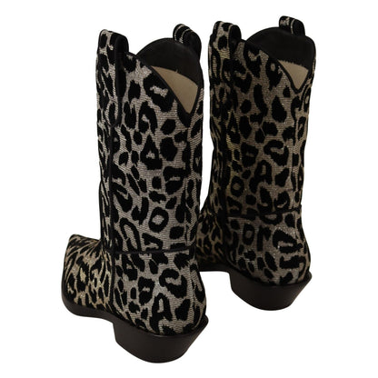 Dolce & Gabbana Gray Black Leopard Cowboy Boots Shoes