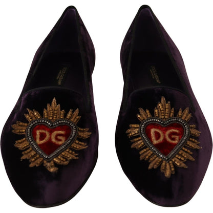 Dolce & Gabbana Purple Velvet DG Heart Loafers Flats Shoes Dolce & Gabbana