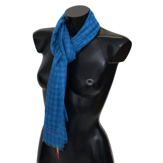Missoni Blue Checkered Cashmere Unisex Wrap Fringes Scarf