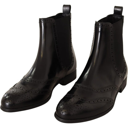 Dolce & Gabbana Black Leather Ankle High Flat Boots Shoes Dolce & Gabbana