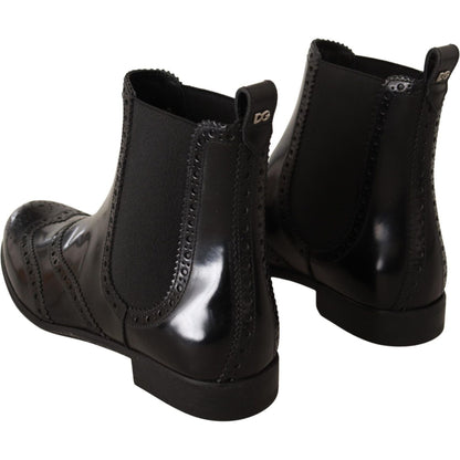 Dolce & Gabbana Black Leather Ankle High Flat Boots Shoes Dolce & Gabbana