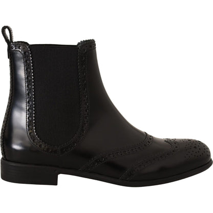 Dolce & Gabbana Black Leather Ankle High Flat Boots Shoes Dolce & Gabbana
