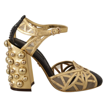 Dolce & Gabbana Black Gold Leather Studded Ankle Straps Shoes