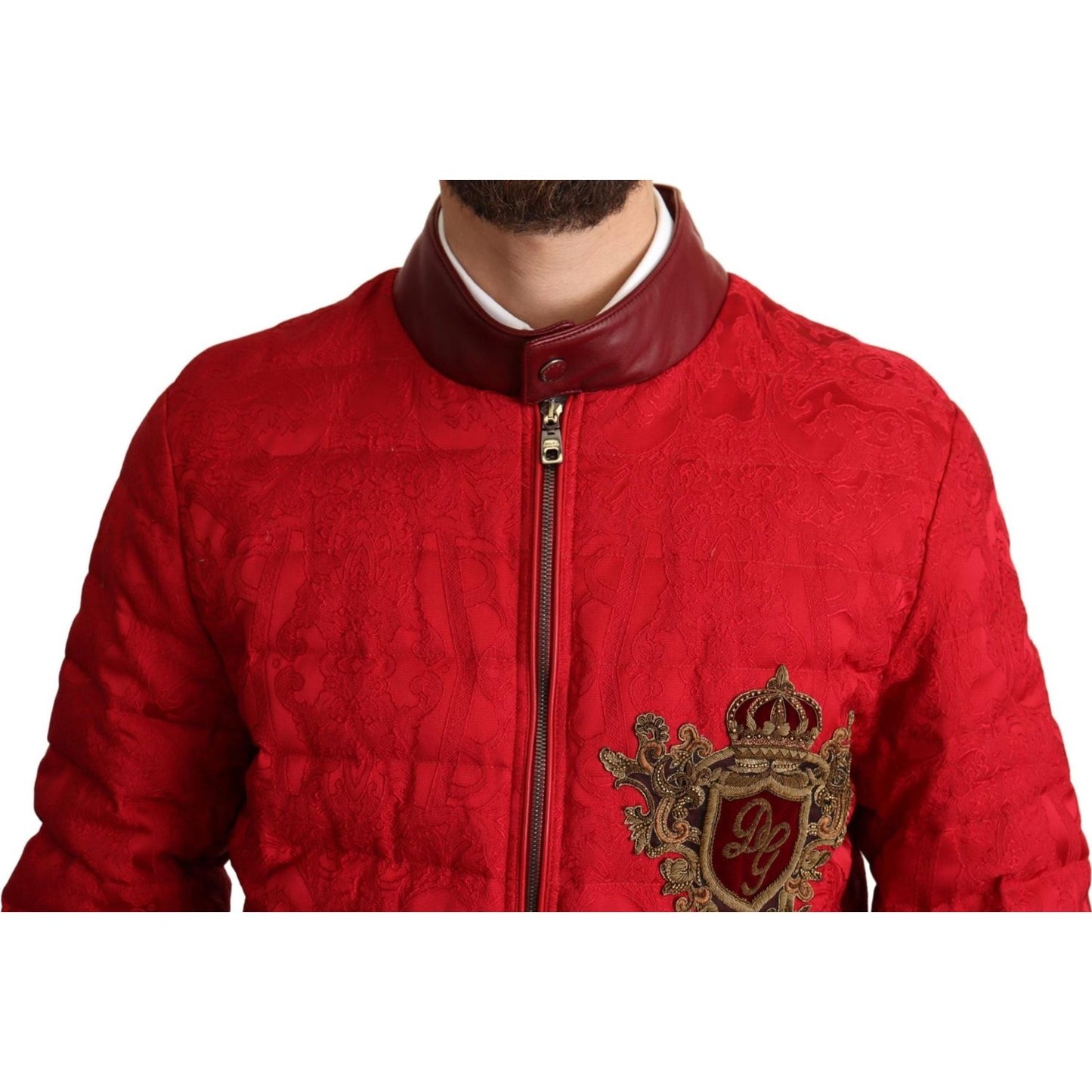 Dolce & Gabbana Red Brocade Bomber Gold Crown Logo Coat Jacket Dolce & Gabbana