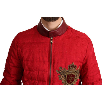 Dolce & Gabbana Red Brocade Bomber Gold Crown Logo Coat Jacket Dolce & Gabbana
