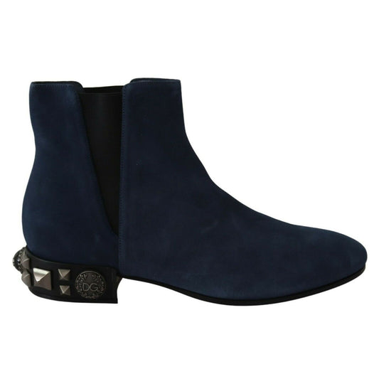 Dolce & Gabbana Blue Suede Embellished Studded Boots Shoes