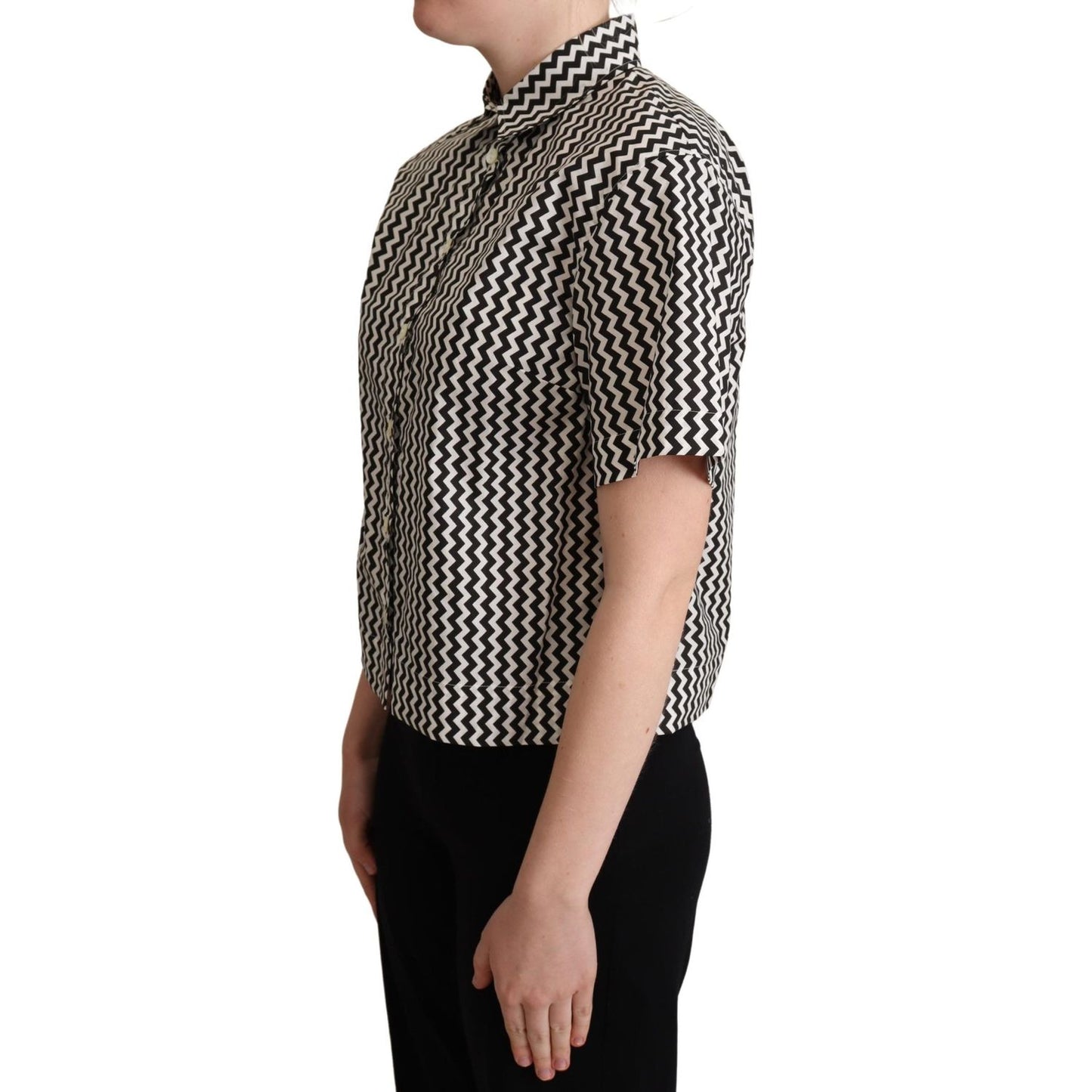 Dolce & Gabbana Black White Zigzag Collar Cotton Top Shirt