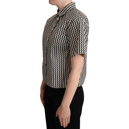 Dolce & Gabbana Black White Zigzag Collar Cotton Top Shirt