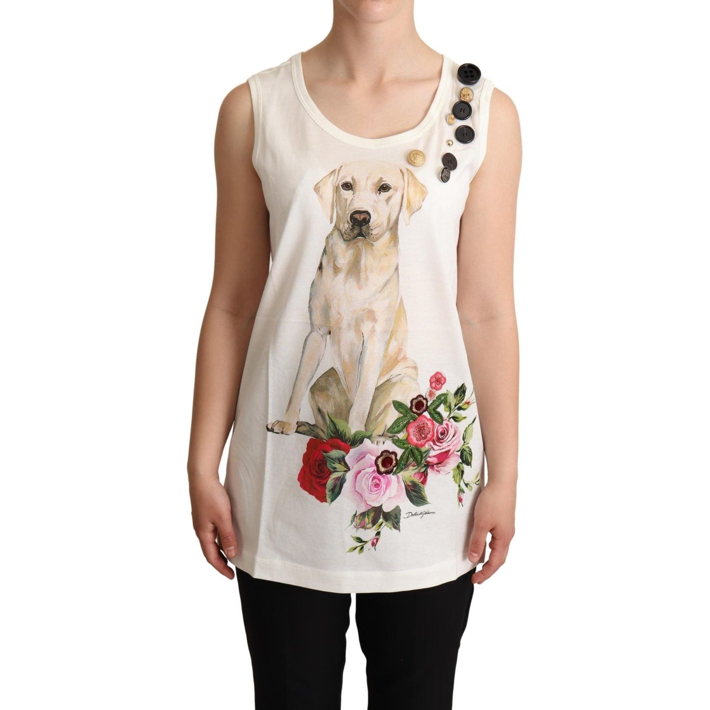 Dolce & Gabbana White Dog Floral Print Embellished T-shirt Dolce & Gabbana