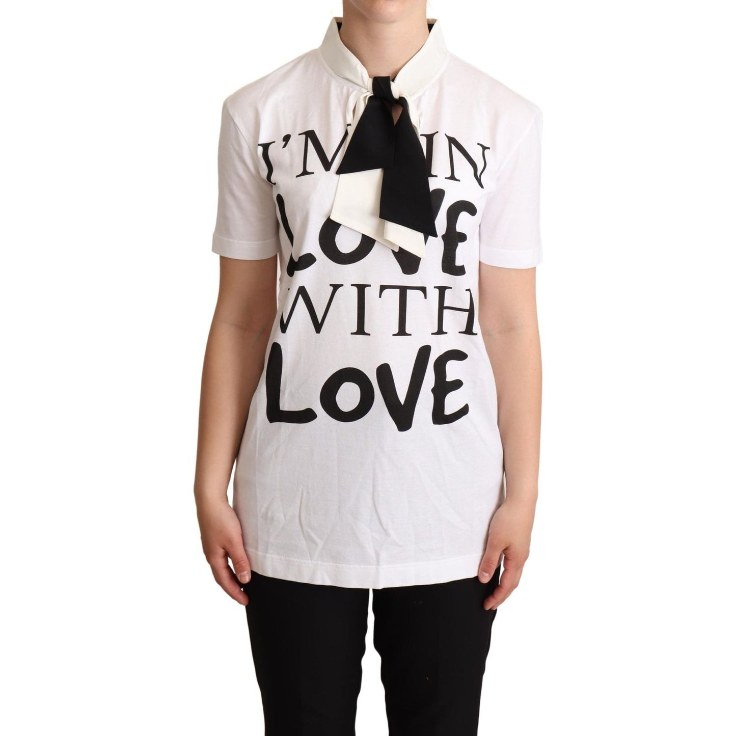 Dolce & Gabbana White Cotton Silk Blend Ascot Collar T-shirt