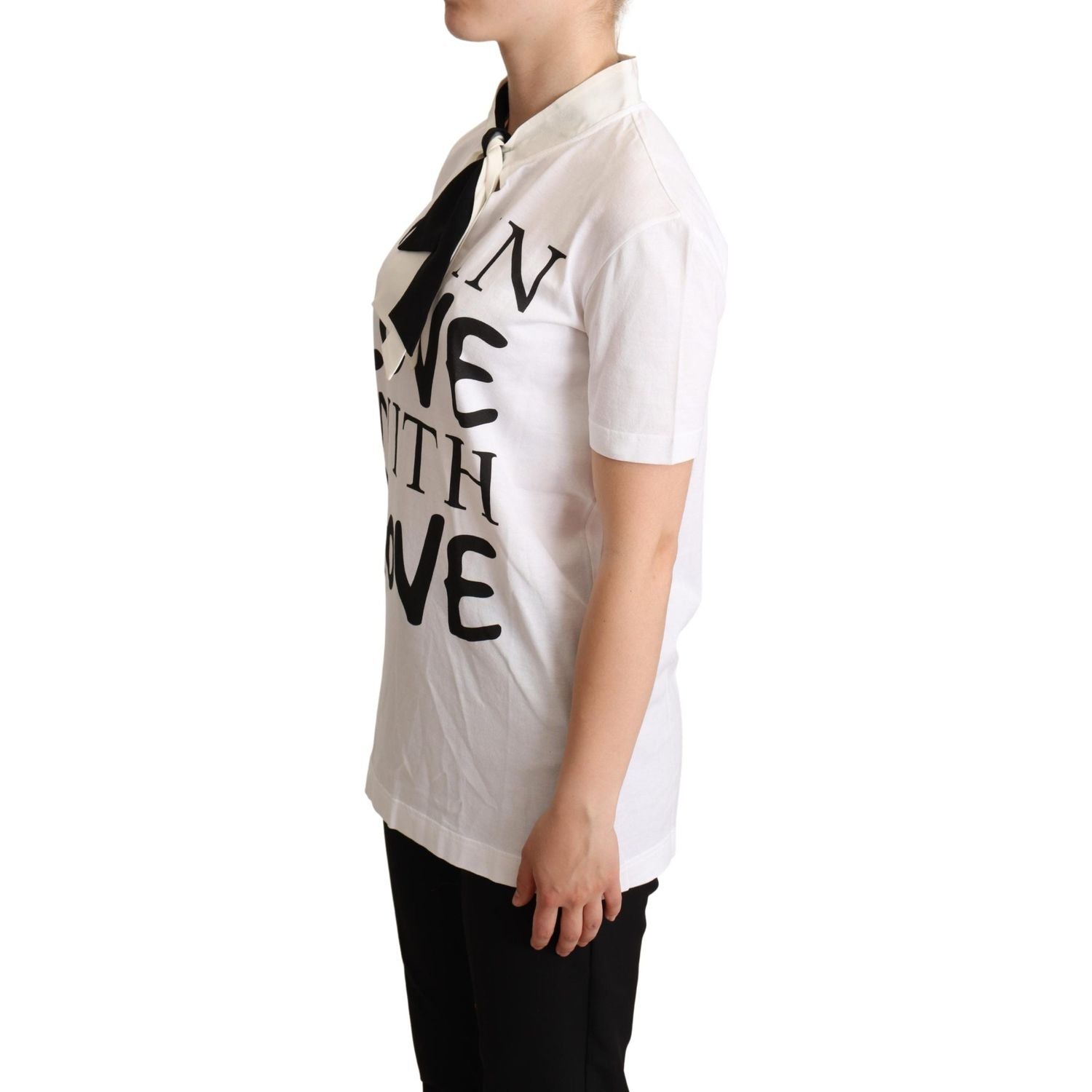 Dolce & Gabbana White Cotton Silk Blend Ascot Collar T-shirt