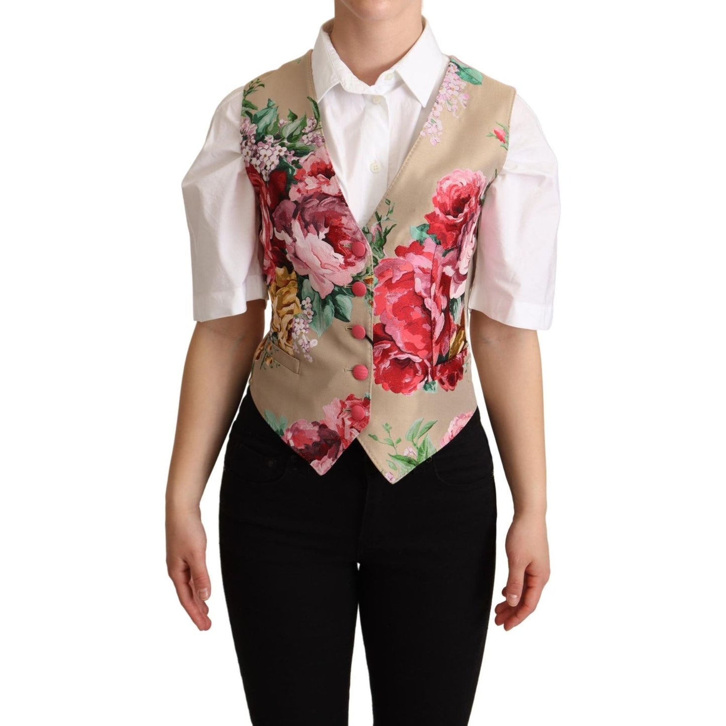 Elegant Floral Beige Sleeveless Vest