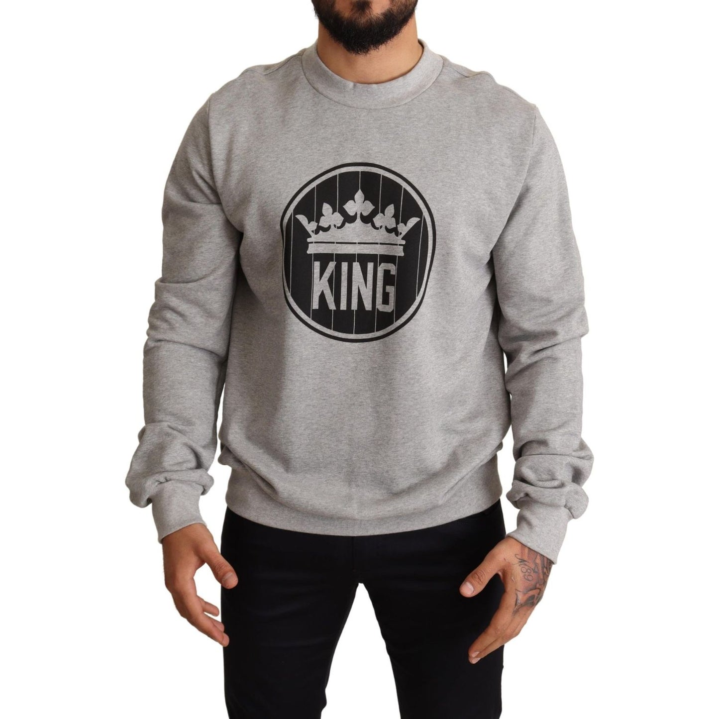 Dolce & Gabbana Gray Crown King Print Cotton Sweater Dolce & Gabbana