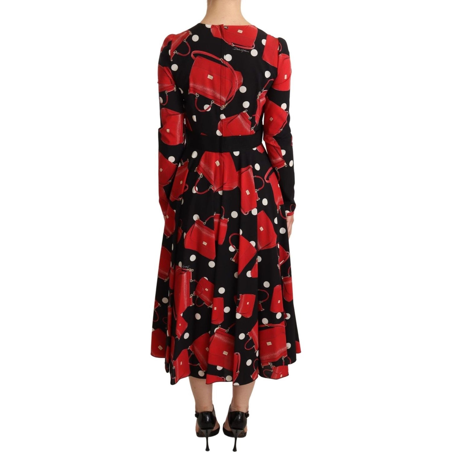 Dolce & Gabbana Black Sicily Bag Print Flared Midi Dress Dolce & Gabbana