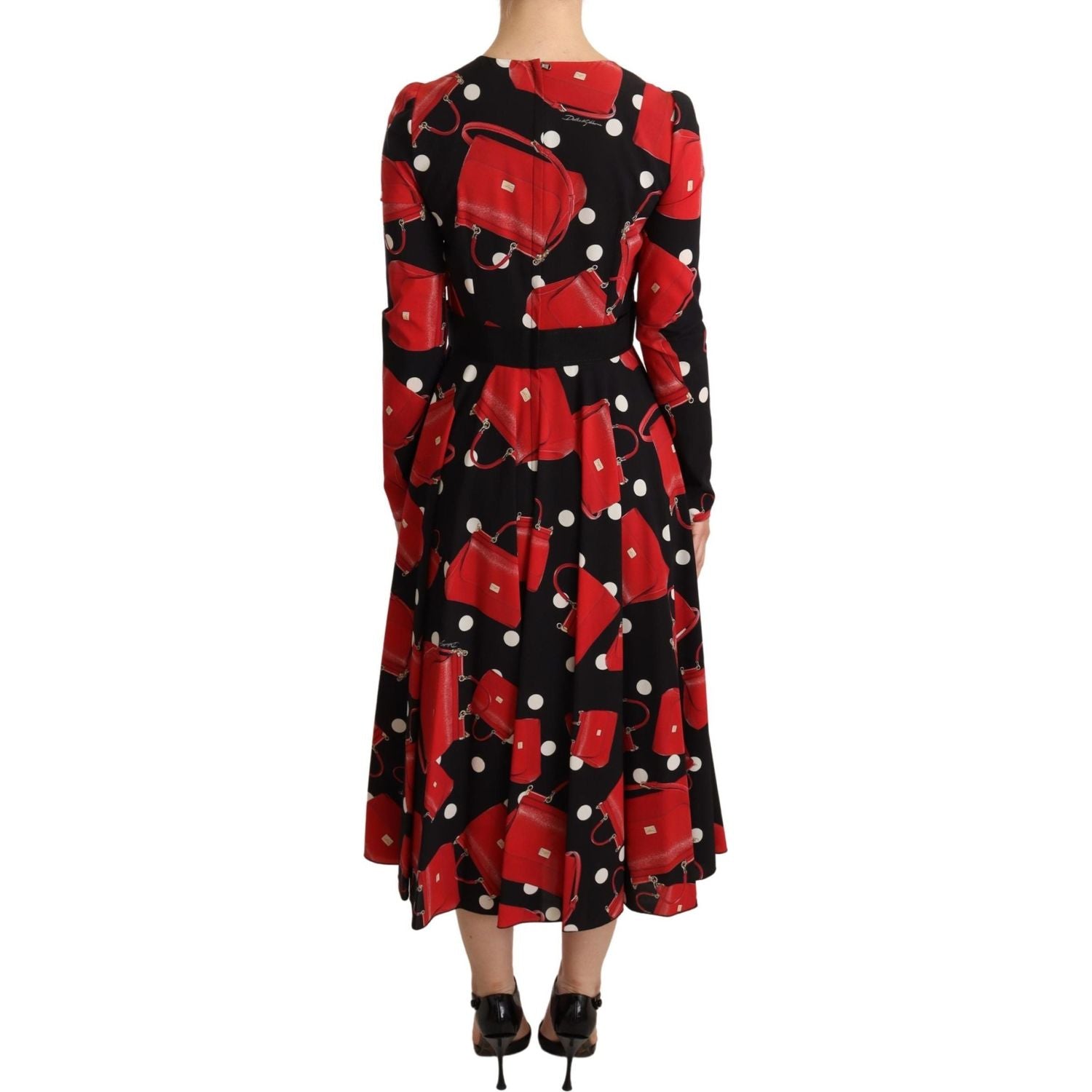 Dolce & Gabbana Black Sicily Bag Print Flared Midi Dress