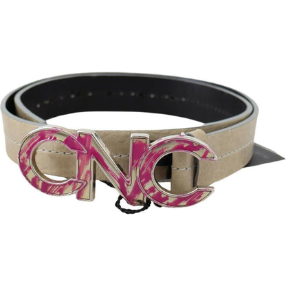 Costume National Beige Leather Pink Letter Logo Buckle Belt Costume National