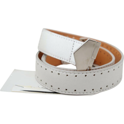 GF Ferre White Leather Hexagon Logo Buckle Waist Belt GF Ferre