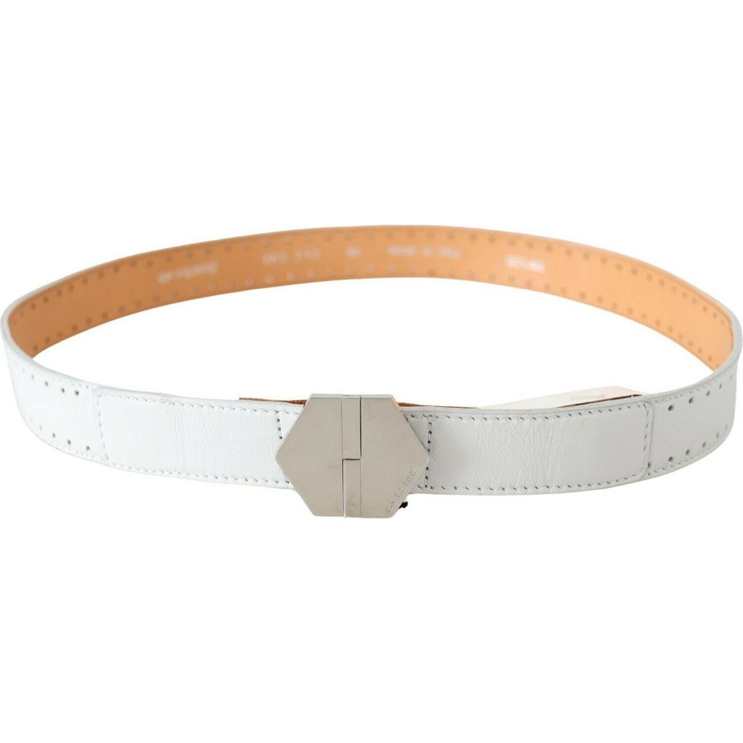 GF Ferre White Leather Hexagon Logo Buckle Waist Belt GF Ferre