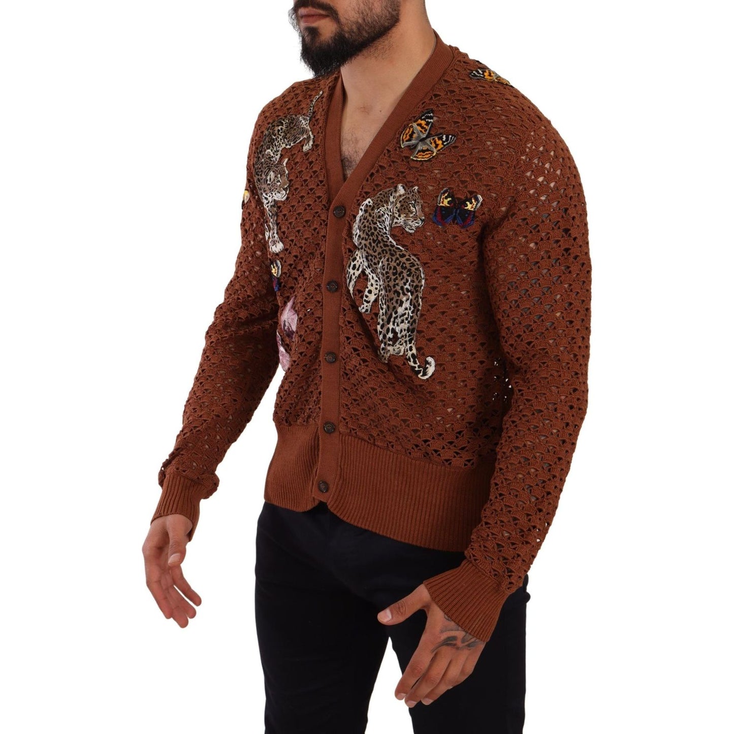 Dolce & Gabbana Brown Leopard Butterfly Cardigan Sweater Dolce & Gabbana