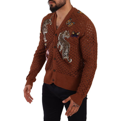 Dolce & Gabbana Brown Leopard Butterfly Cardigan Sweater Dolce & Gabbana