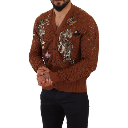 Dolce & Gabbana Brown Leopard Butterfly Cardigan Sweater Dolce & Gabbana