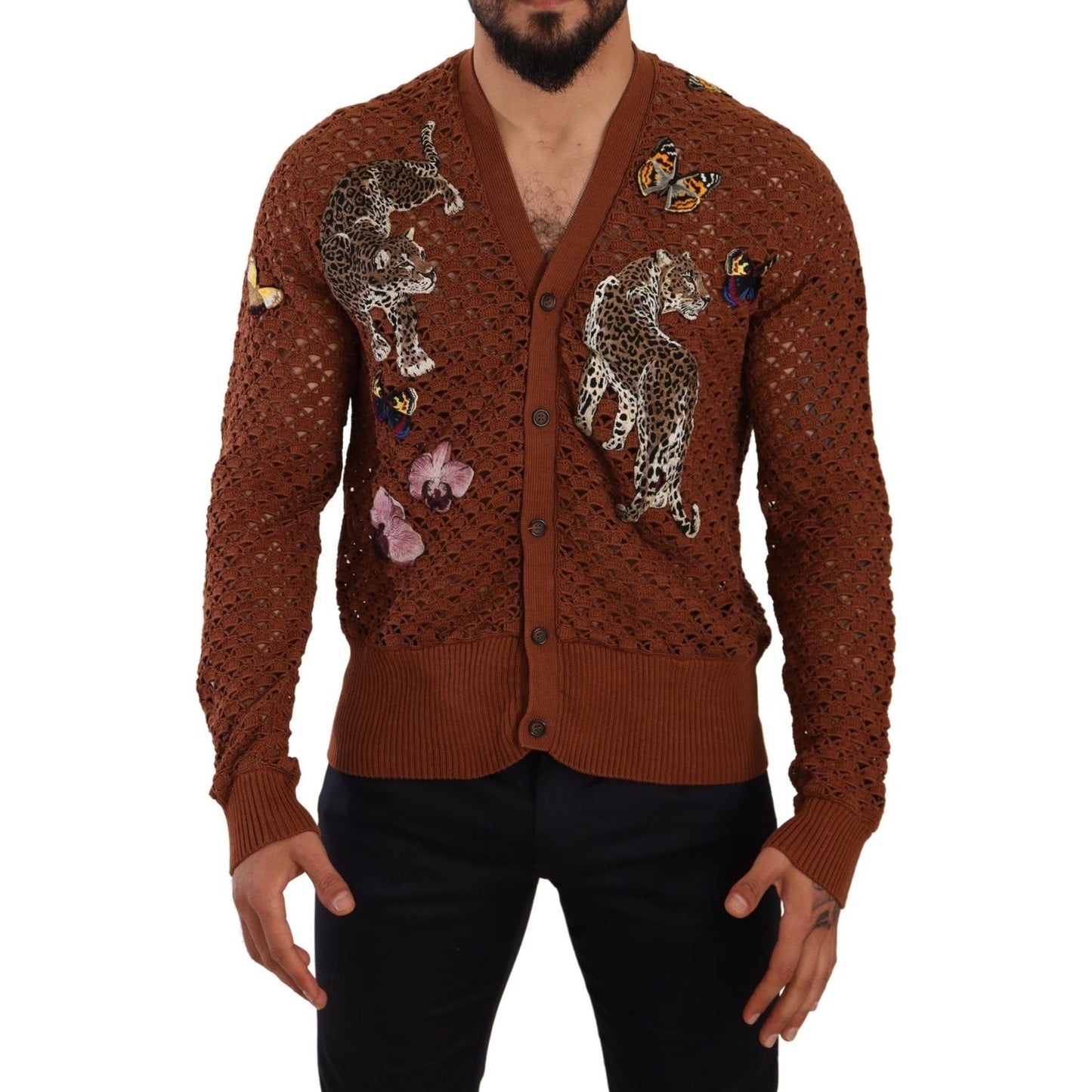 Dolce & Gabbana Brown Leopard Butterfly Cardigan Sweater Dolce & Gabbana