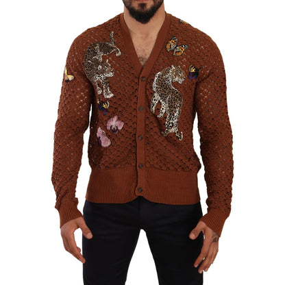 Dolce & Gabbana Brown Leopard Butterfly Cardigan Sweater Dolce & Gabbana