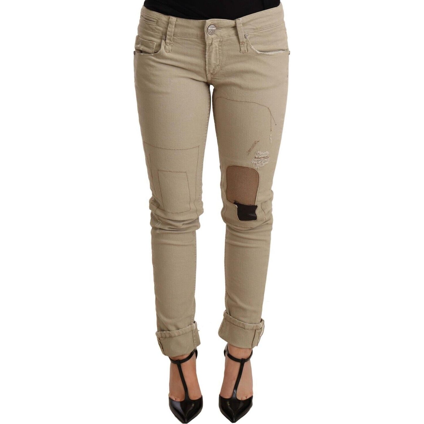 Acht Beige Denim Cotton Bottom Slim Fit Folded Pant