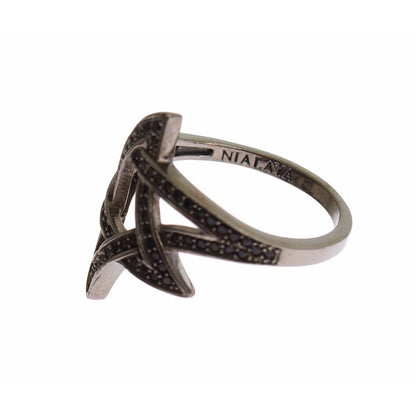 Nialaya Black CZ Rhodium 925 Silver Womens Ring