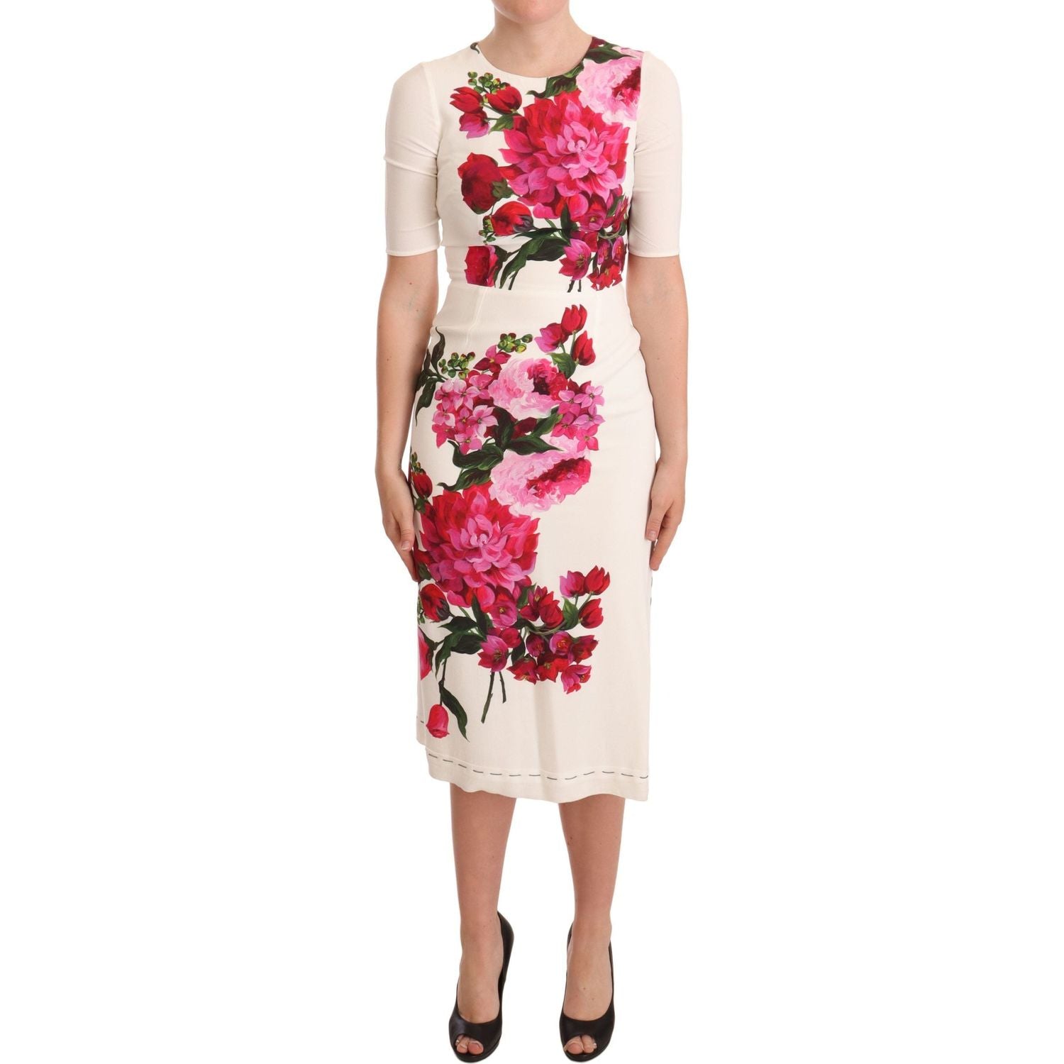Dolce & Gabbana White Floral Printed Crepe Midi Slit Dress