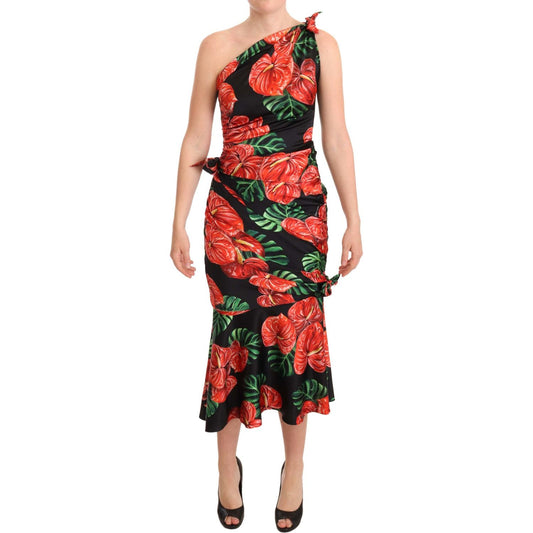 Dolce & Gabbana Black Shiny Silk Floral Print Draped Dress Dolce & Gabbana