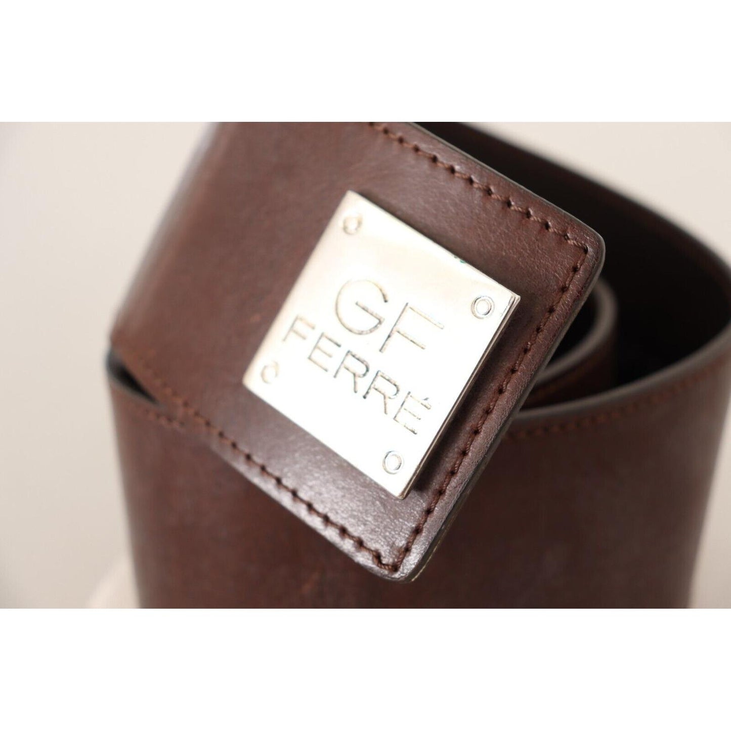 GF Ferre Brown Genuine Leather Wide Logo Buckle Waist Belt GF Ferre