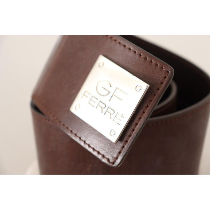GF Ferre Brown Genuine Leather Wide Logo Buckle Waist Belt GF Ferre