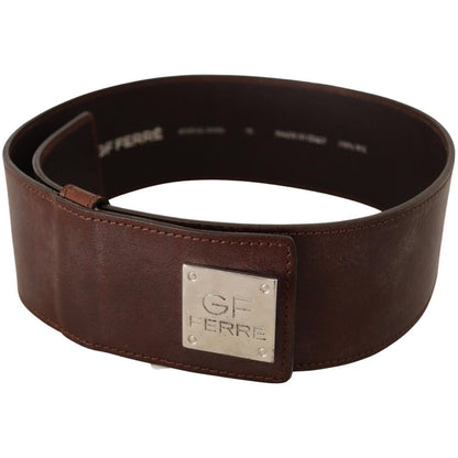 GF Ferre Brown Genuine Leather Wide Logo Buckle Waist Belt GF Ferre