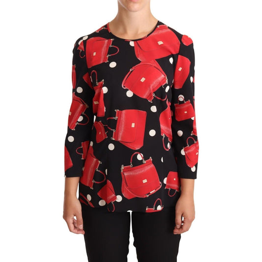 Dolce & Gabbana Black Sicily Bag Print Silk Stretch Top Blouse Dolce & Gabbana