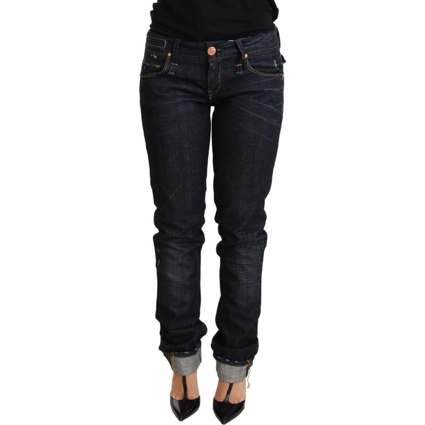 Acht Dark Blue Cotton Slim Fit Folded Hem Women Denim Trouser Jeans Jeans & Pants
