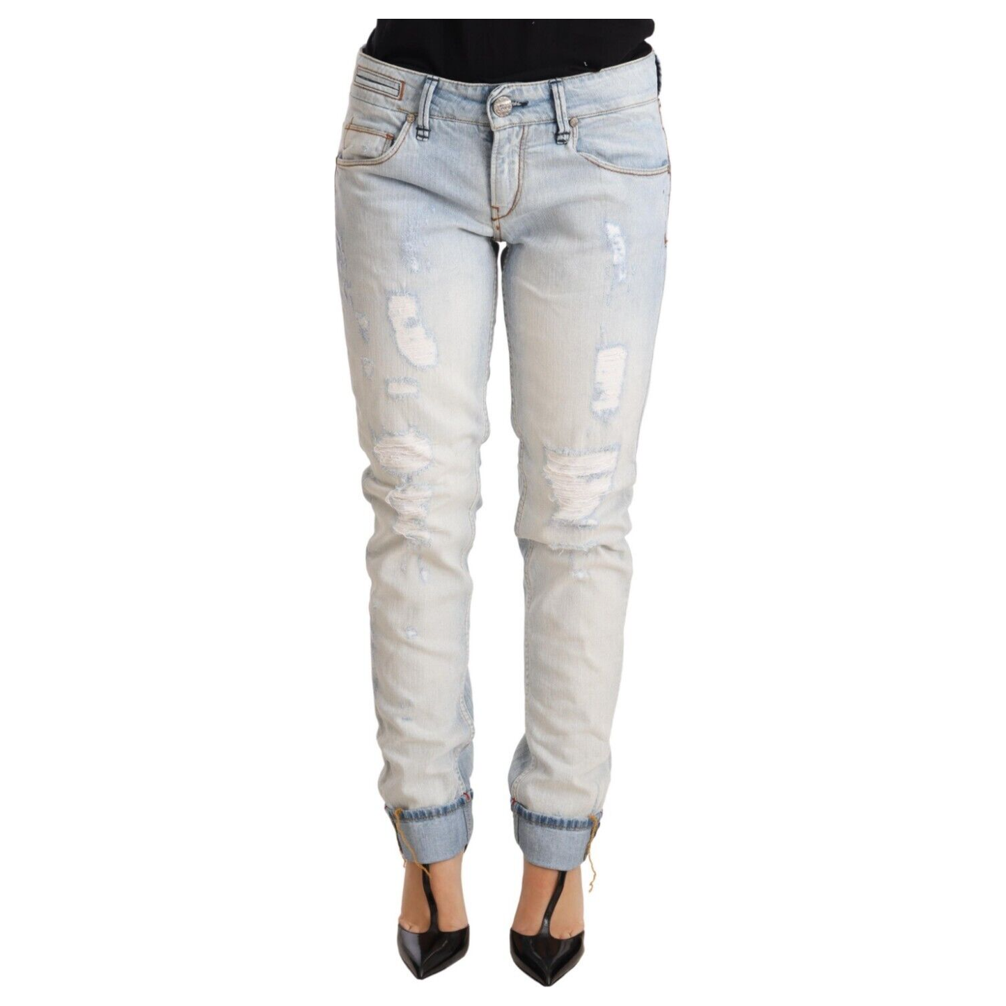 Acht Light Blue Distressed Cotton Folded Hem Denim Trouser Jeans Acht