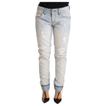 Acht Light Blue Distressed Cotton Folded Hem Denim Trouser Jeans Acht