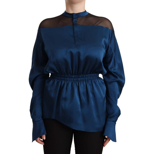 Masha Ma Blue Silk Long Sleeves Elastic Waist Top Blouse Masha Ma