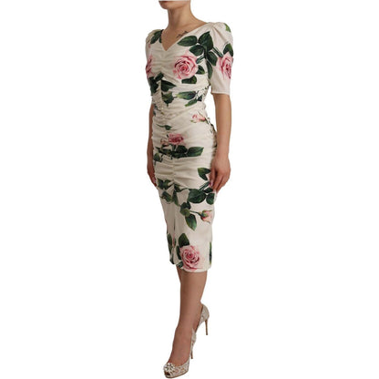 Dolce & Gabbana White Roses Print Stretch Silk Pleated Dress Dolce & Gabbana