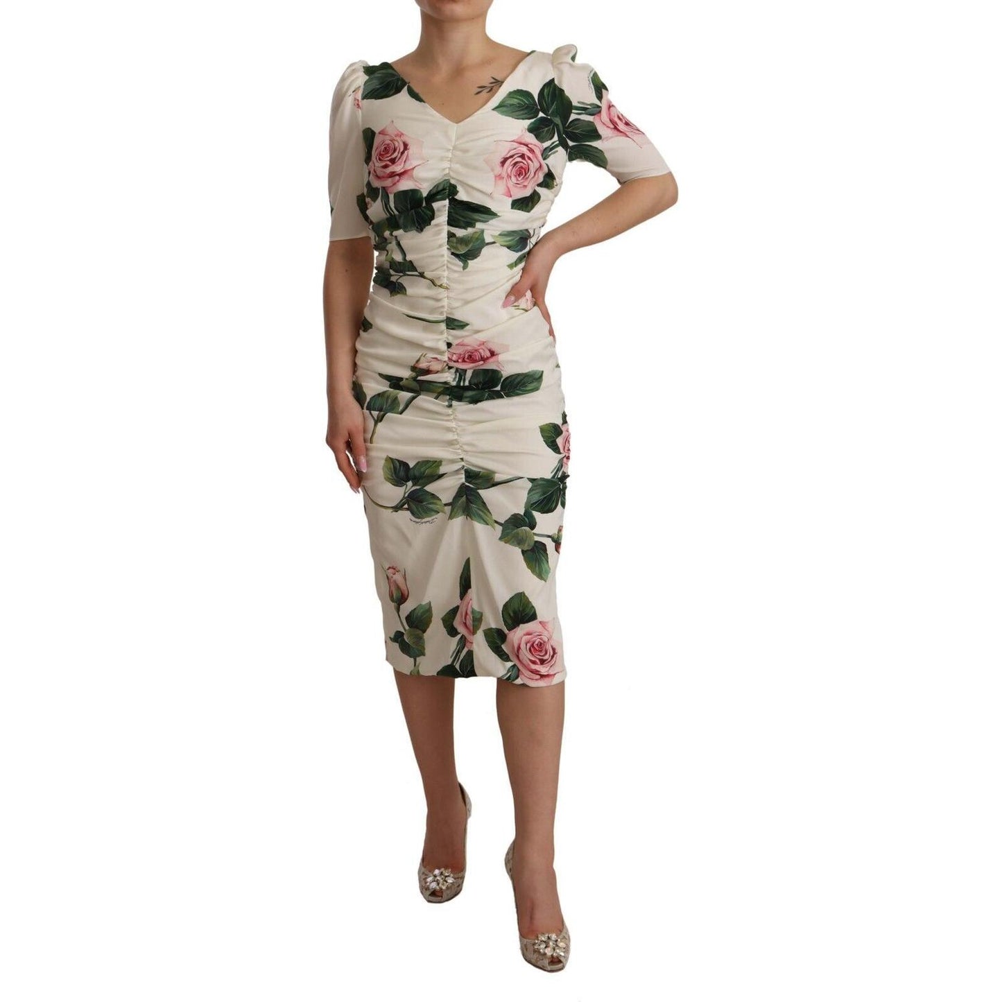 Dolce & Gabbana White Roses Print Stretch Silk Pleated Dress Dolce & Gabbana