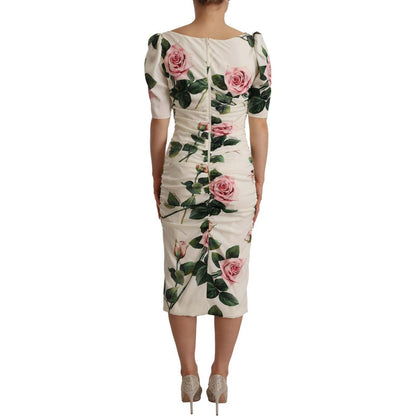 Dolce & Gabbana White Roses Print Stretch Silk Pleated Dress Dolce & Gabbana