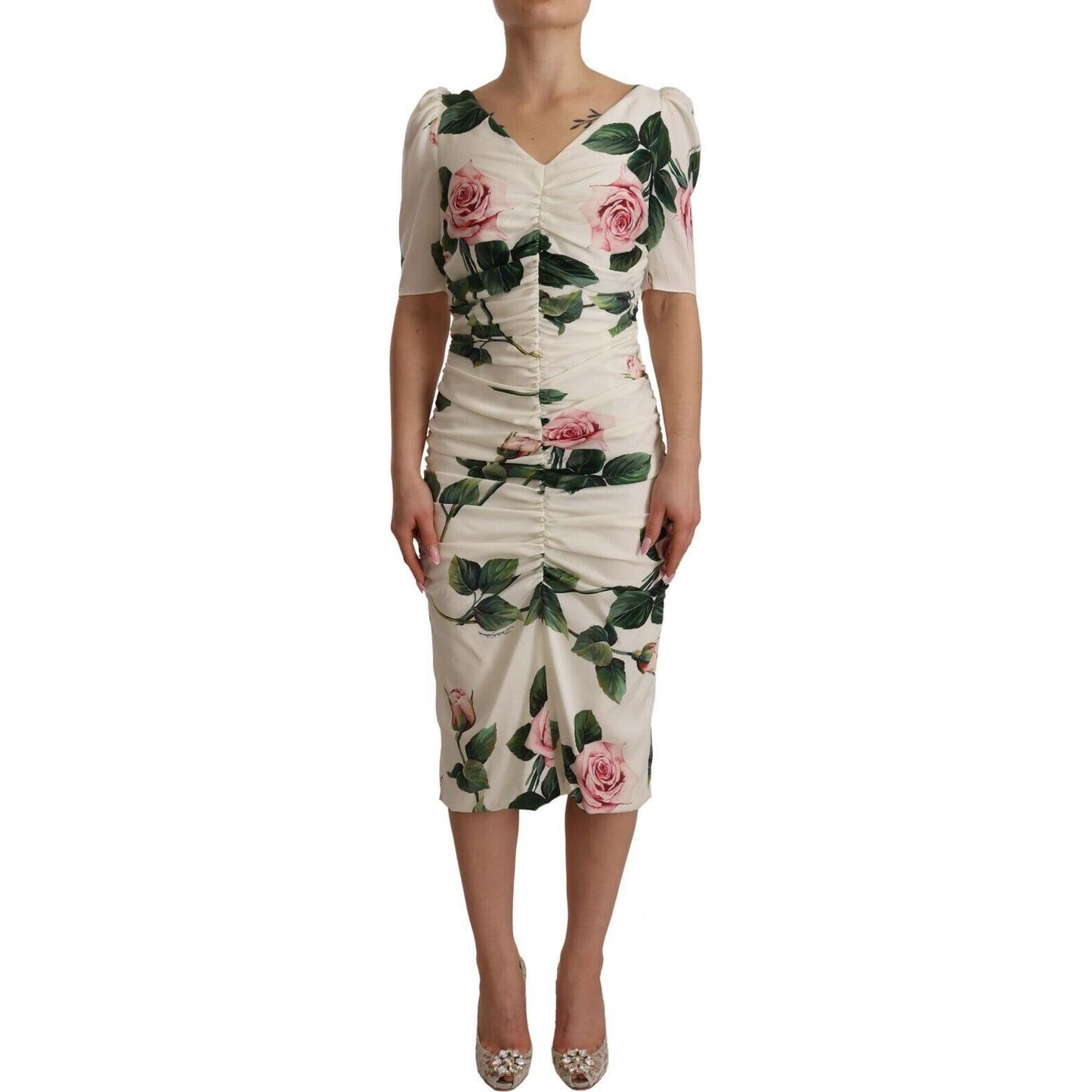 Dolce & Gabbana White Roses Print Stretch Silk Pleated Dress Dolce & Gabbana