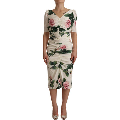 Dolce & Gabbana White Roses Print Stretch Silk Pleated Dress Dolce & Gabbana