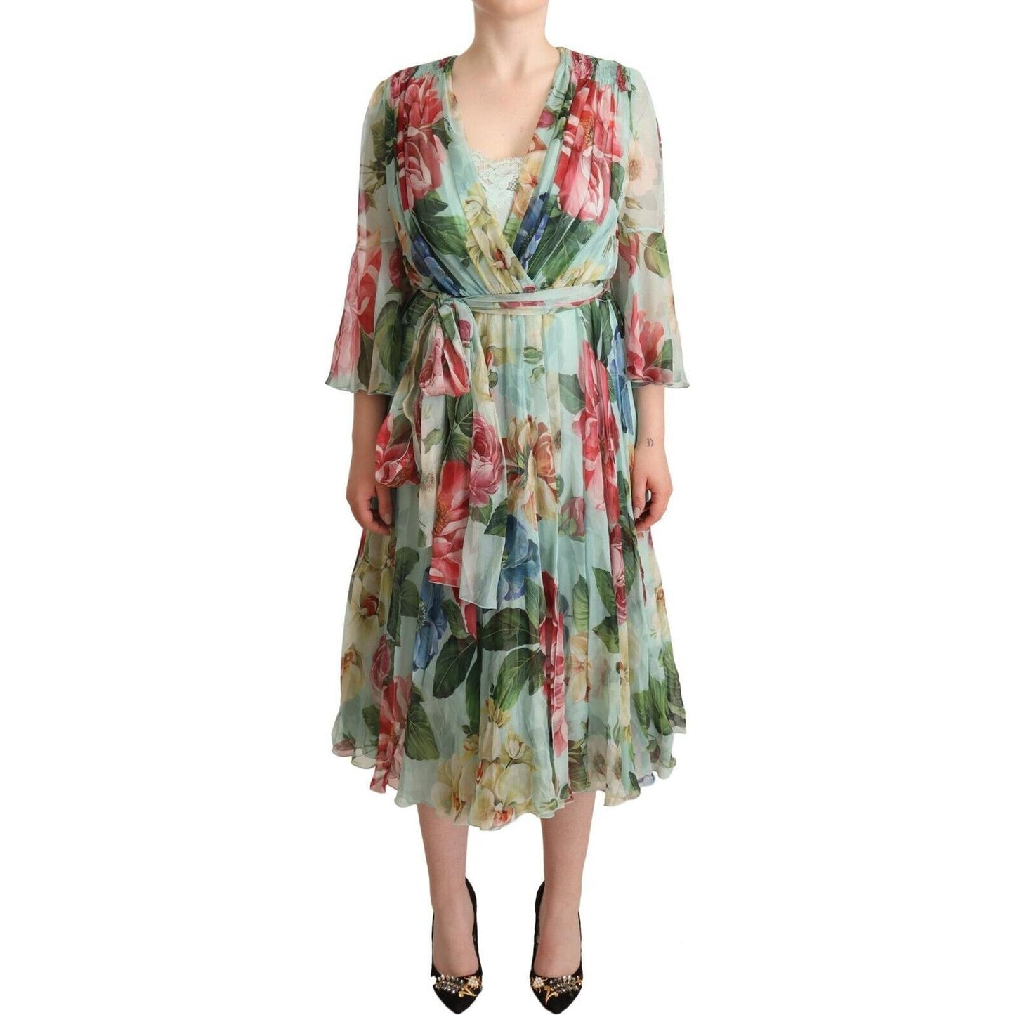 Dolce & Gabbana Green Floral Long Sleeves V-neck Midi Dress WOMAN DRESSES
