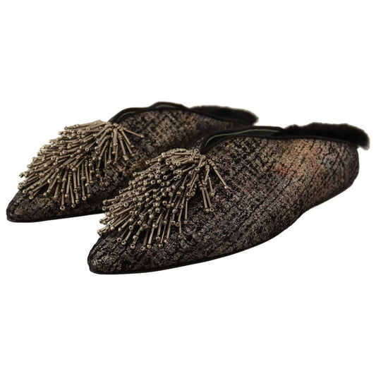 Paola D'Arcano Gold Jacquard Leather Embellished Slip On Shoes Paola D'Arcano