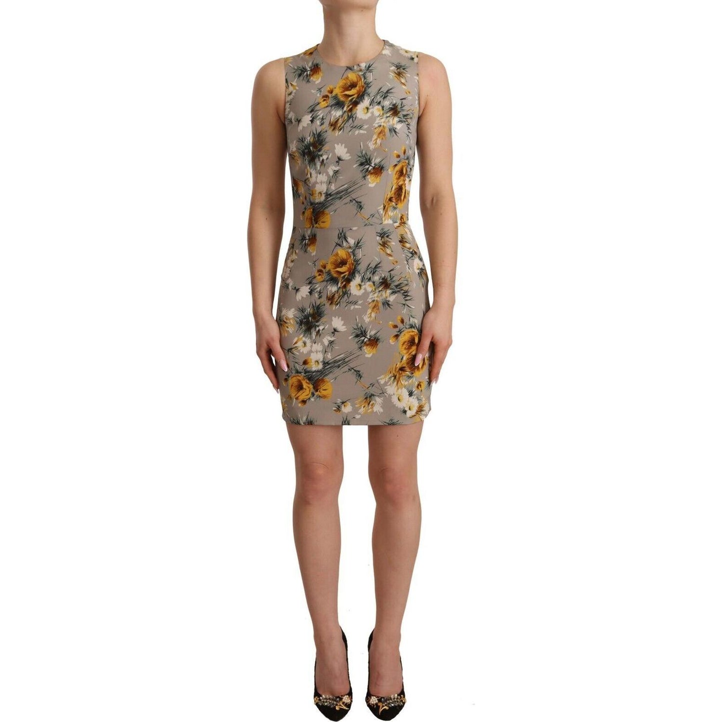Dolce & Gabbana Gray Silk Stretch Floral Sheath Mini Dress