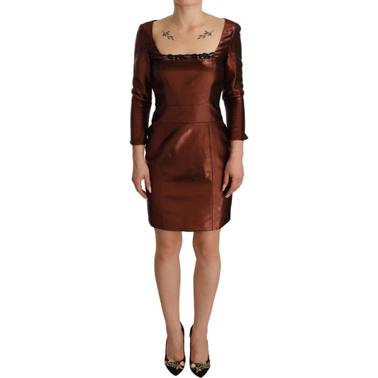 GF Ferre Metallic Brown Long Sleeves Square Neck Sheath Dress GF Ferre